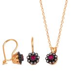 Pembe Taşlı Kolye & Küpeli Rose Altın Set resmi