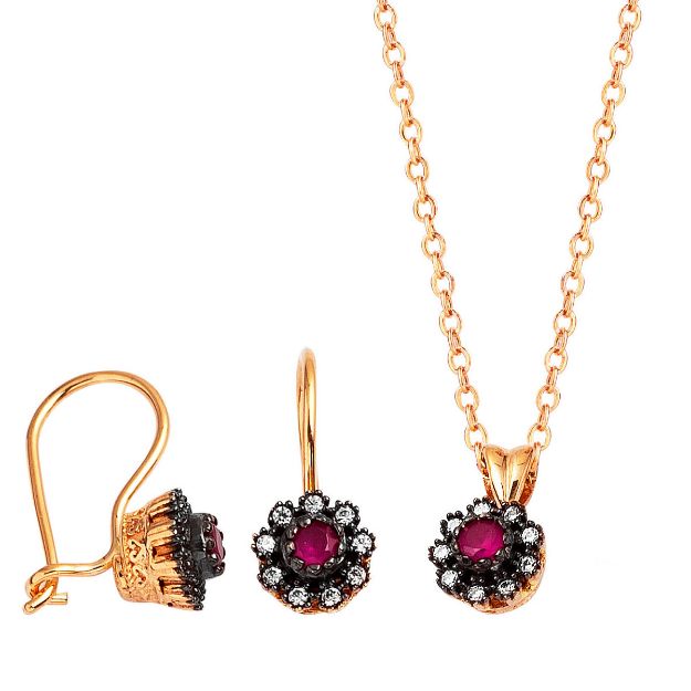 Pembe Taşlı Kolye & Küpeli Rose Altın Set resmi