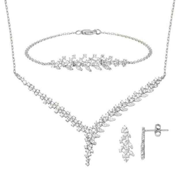 14 Ayar Markiz Taşlı Tasarım Beyaz Altın Üçlü Set resmi