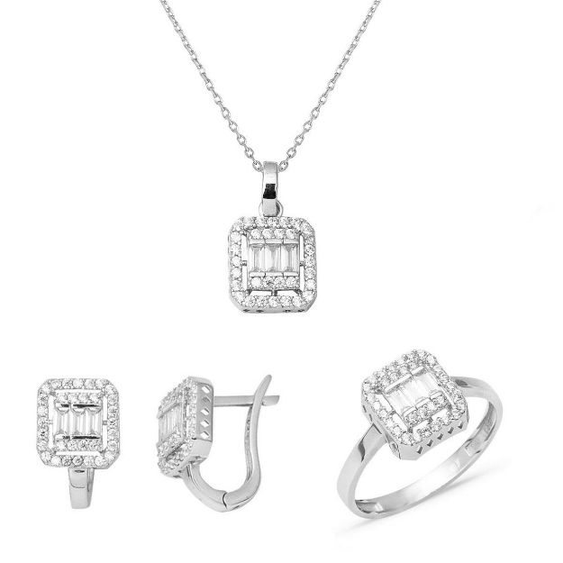 Üçlü Beyaz Altın Baget Taşlı Set resmi